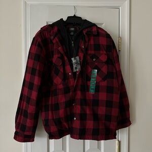 NWT Berkley Jensen Buffalo Plaid Flannel Shirt Jacket Quilted Lining Knit Hood L